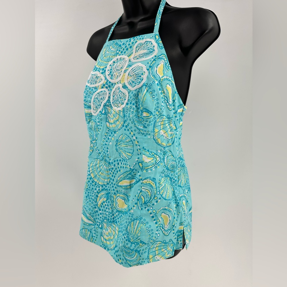 Lilly Pulitzer Shorely Blue Turquoise  Embroidered Seashell Halter Top Size 4